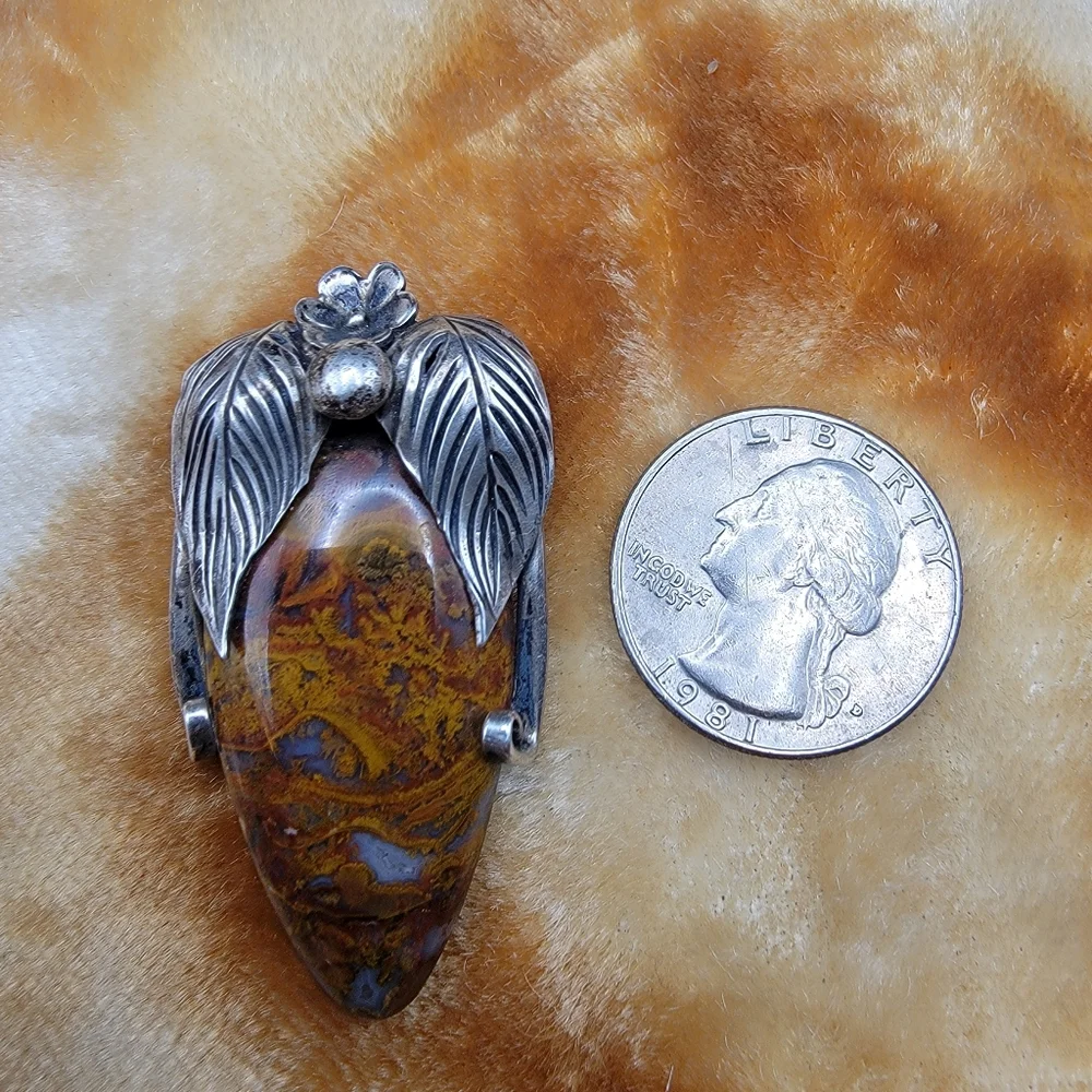 Vintage 925 Sterling Silver Unsigned Moss Mexican Fire Agate Large  Pendant #179